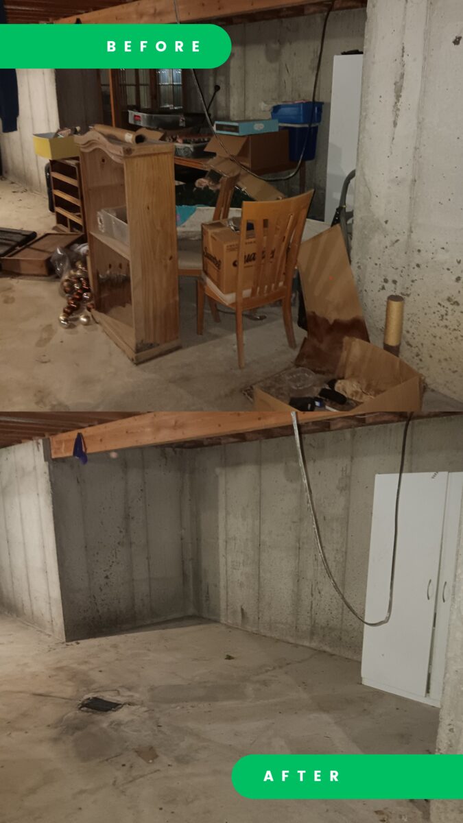 Before and after of a basement cleanout. Before: a wooden hutch, chairs, boxes and clutter across an unfinished basement. After: the same basement empty to the concrete walls.