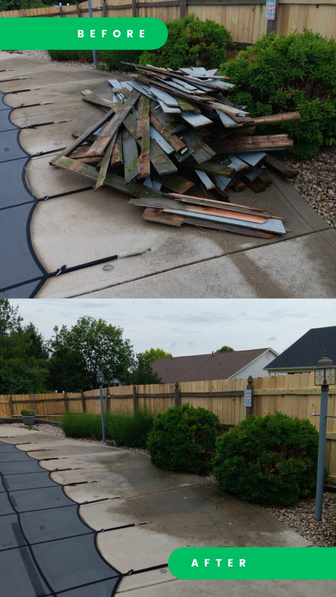 Before and after of a lumber pickup. Before: a heap of weathered deck boards piled on a concrete pool deck. After: the pool deck clear.