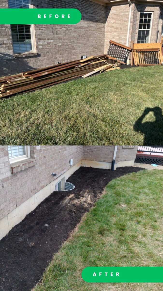 Before and after of a lumber pickup in Mason, Ohio. Before: a pile of torn-out deck boards and railings on the lawn beside a brick house. After: the same strip cleared, with fresh mulch along the foundation.