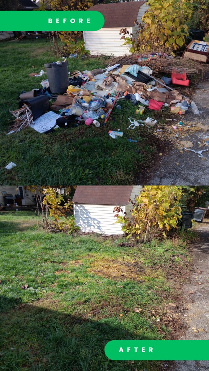 Before and after of a trash pickup in Middletown. Before: a spread-out pile of bags, bottles, buckets and debris on the grass beside a white shed. After: the lawn clear.