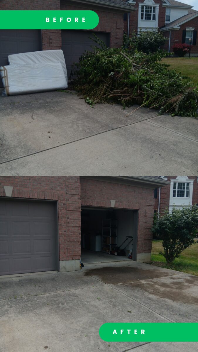 Before and after of a driveway pickup. Before: two mattresses and a pile of cut brush beside a garage door. After: the driveway clear.