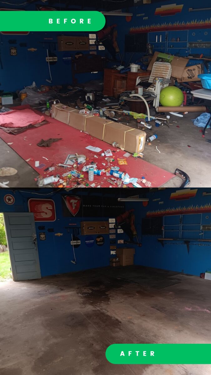 Before and after of a garage cleanout in Middletown. Before: a floor covered in a red rug, boxes, lawn chairs, bottles and scattered junk. After: the same garage cleared to bare concrete.