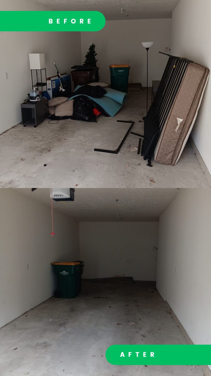 Before and after of a single-car garage cleanout. Before: a mattress, bed frame, lamp, crates and bedding piled along the walls. After: the garage empty except for one trash bin.