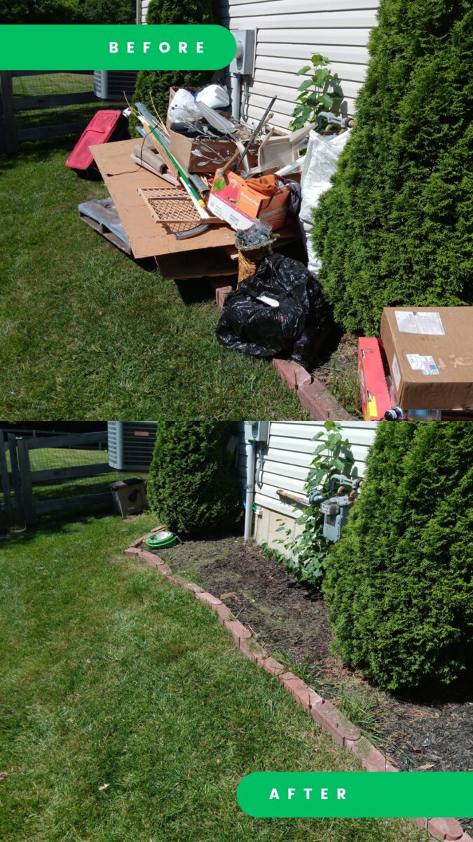 Before and after of a junk removal in Liberty Township. Before: boxes, pallets, bags and household junk piled in a side yard beside a vinyl-sided house. After: the same side yard cleared to the grass.