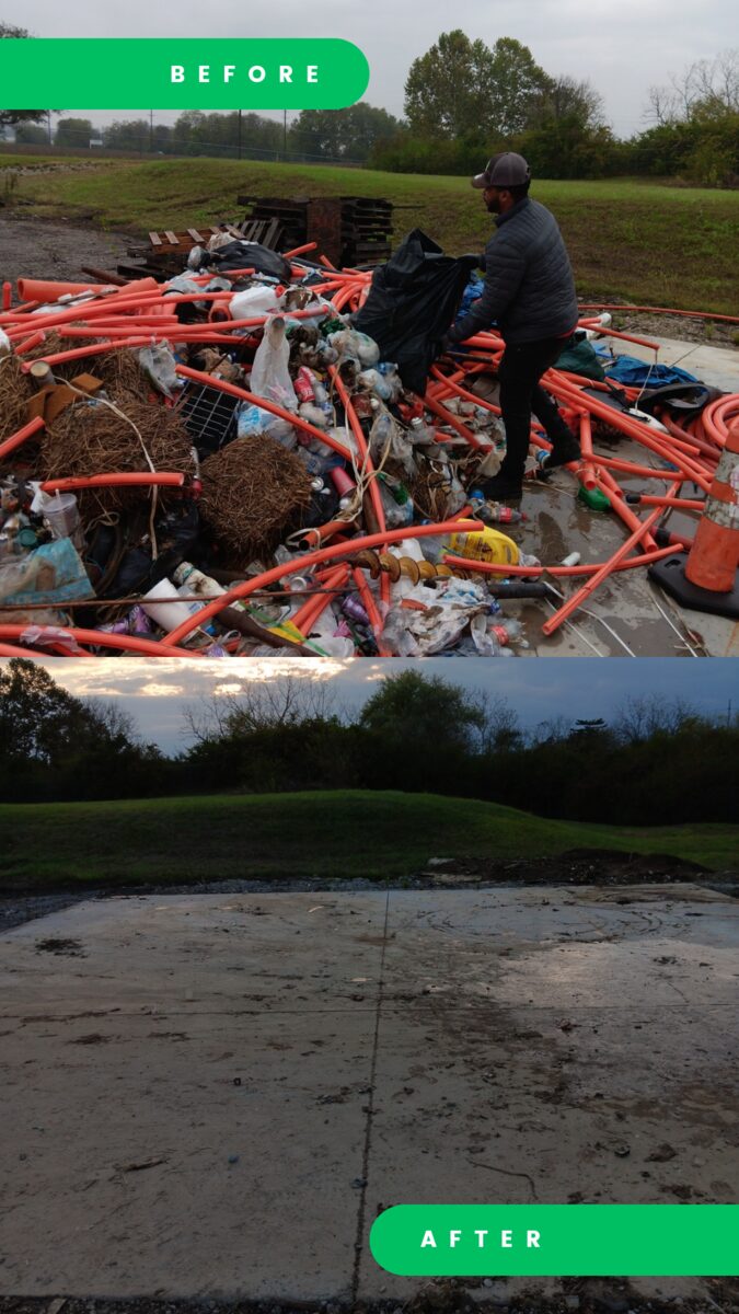 Before and after of an open lot cleanup. Before: a tangle of orange plastic pipe, bags, bottles and debris on a concrete pad, with a worker sorting it. After: the concrete pad bare.