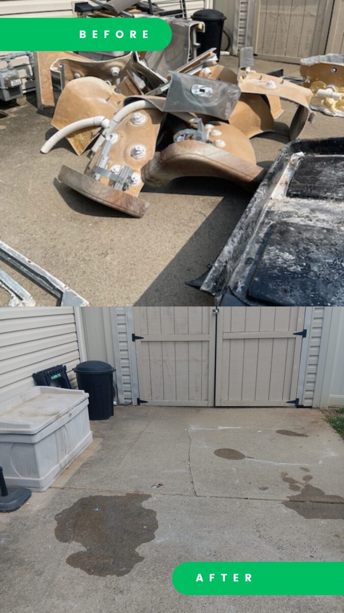 Before and after of a hot tub removal. Before: a hot tub shell cut into sections, jets and plumbing exposed, piled in a side yard. After: the concrete clear in front of the gate.