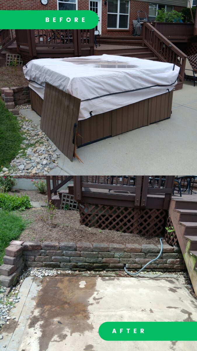 Before and after of a hot tub removal. Before: a covered hot tub on a concrete patio beside a raised deck. After: the same patio empty, with a stain where the tub stood.