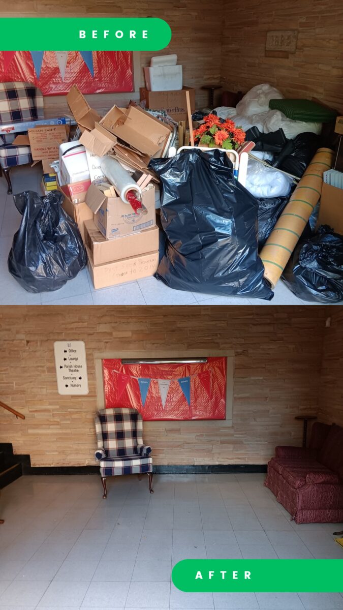 Before and after of a church cleanout in Middletown. Before: a church lobby piled with black trash bags, boxes, rolled carpet and flowers. After: the same lobby cleared, with a plaid armchair and a sofa left in place.