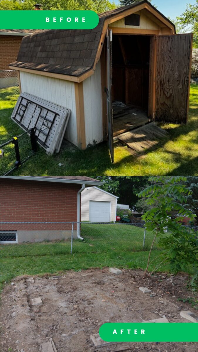 Before and after of a shed removal in Cincinnati. Before: a small wooden shed with a shingled roof and open doors in a fenced backyard. After: bare ground where the shed stood.