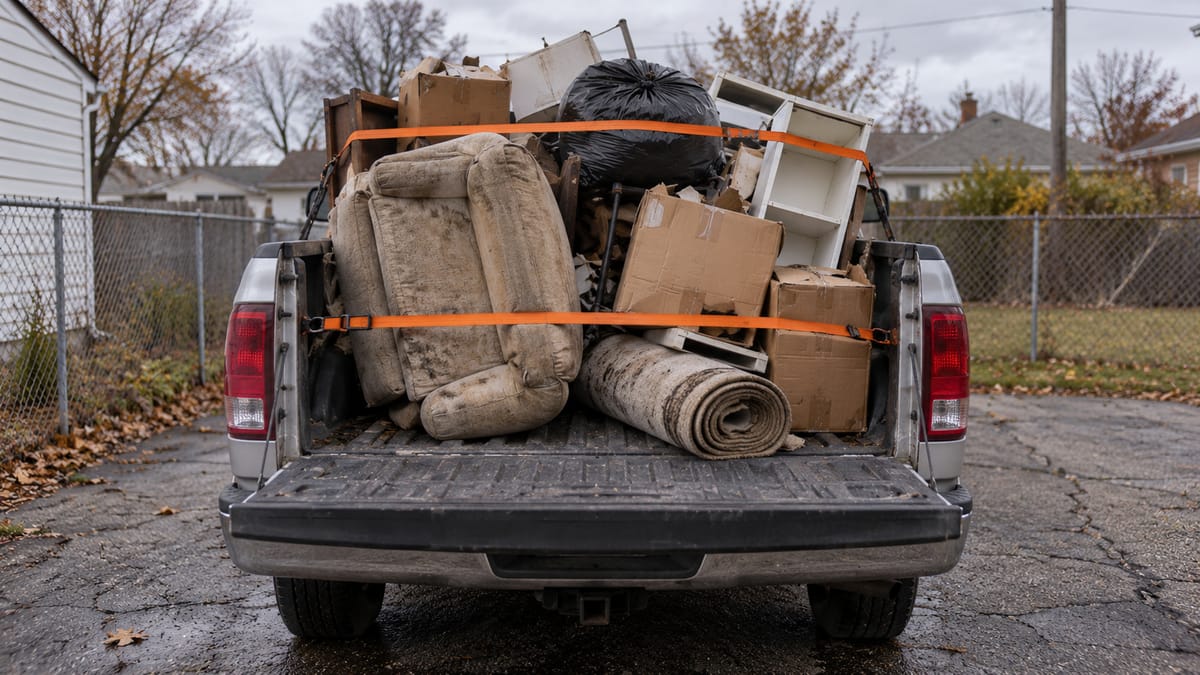 A pickup truck bed overloaded with a stained armchair, boxes, a rolled rug and bags, held down with orange ratchet straps.