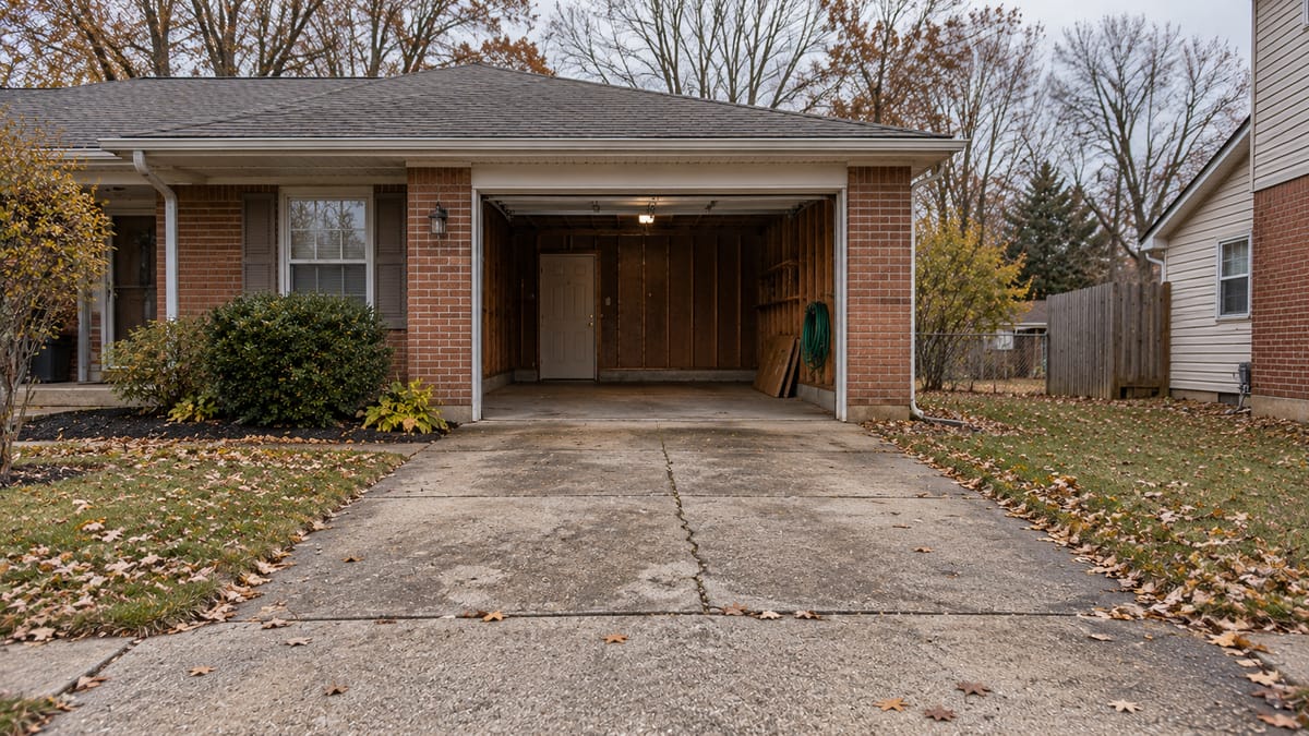 An empty attached garage at a brick ranch house, its door open onto a leaf-strewn driveway.