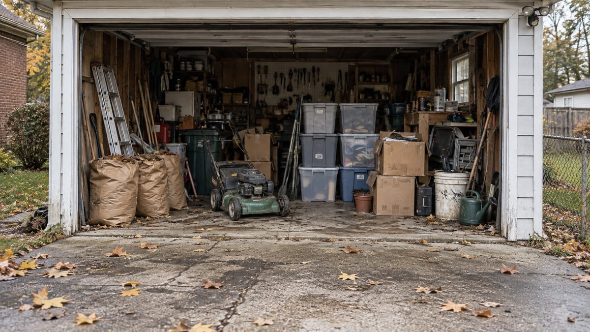 A detached garage packed with a push mower, stacked storage totes, a ladder, bagged leaves and boxes, with fall leaves on the driveway.