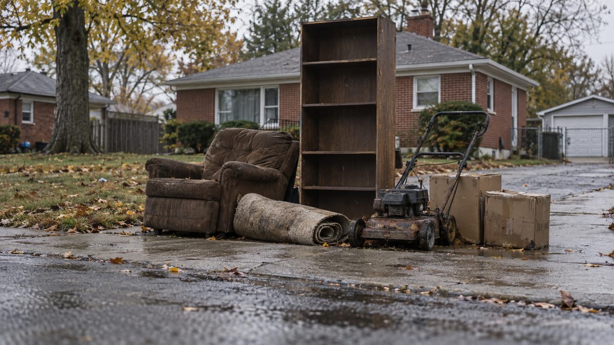 A worn recliner, an empty bookshelf, a rolled rug, an old push mower and boxes set out at the curb on a wet fall street.
