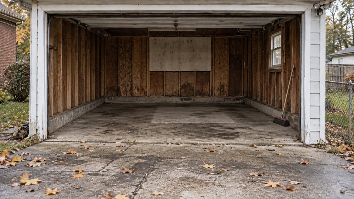An empty detached garage swept down to bare concrete, with a broom leaning against the wall.
