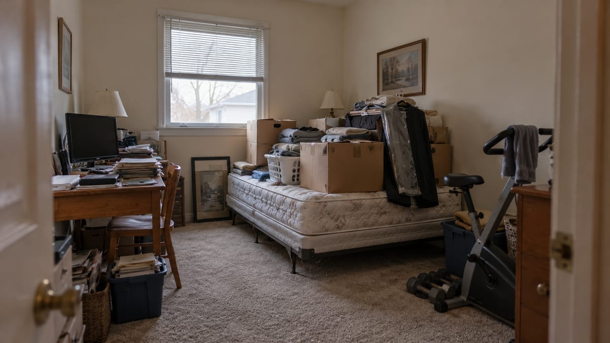 A spare bedroom used for storage: boxes and clothes piled on a bare mattress, an exercise bike, a cluttered desk and bins on the floor.