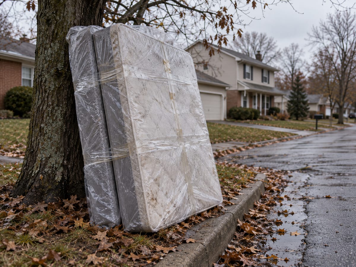 A mattress and box spring wrapped in plastic, leaning against a tree at the curb on a residential street in late fall.
